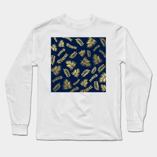 Abstract Leaves Pattern In Gold Foil Texture and Royal Blue Background Long Sleeve T-Shirt